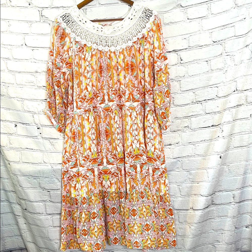 Anthropologie Yellow Orange Floral Lace Long Sleeve Maxi Dress Size Large